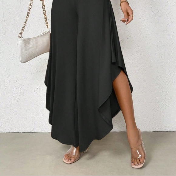 Black Preppy Womens High Waist Asymmetrical Hem Wide Leg Pants - Picture 4 of 5